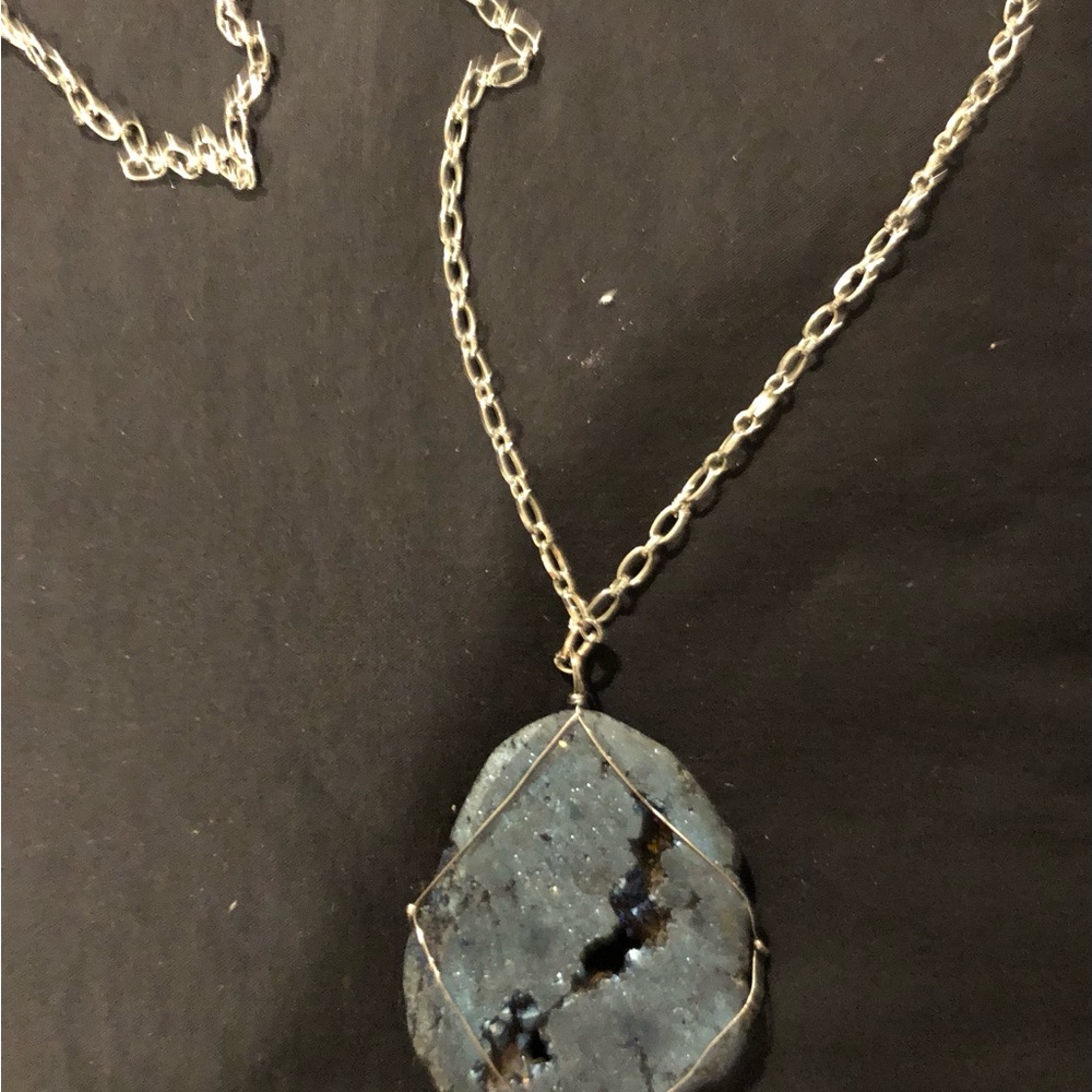 Handcrafted Silver Chain Necklace with Blue Druzy Pendant